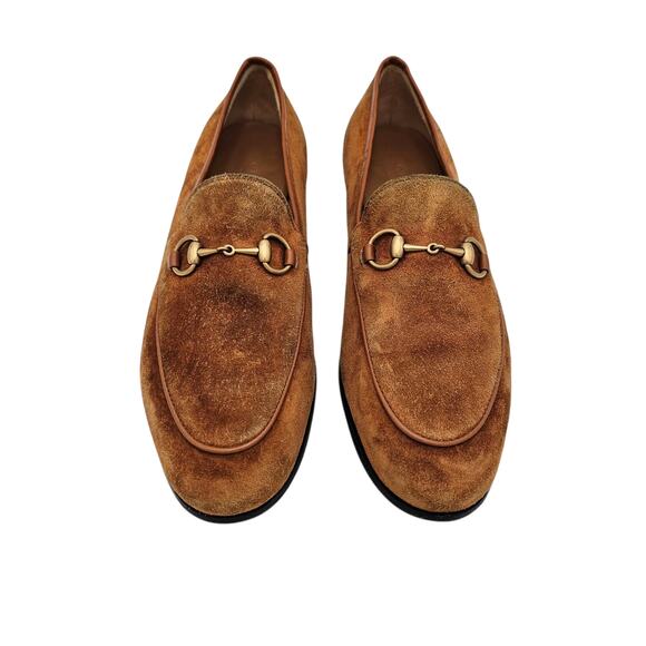 Gucci Jordaan Horsebit Flat Slip On Loafer Brown Suede Gold Size 37.5 US 7.5 - Picture 2 of 10